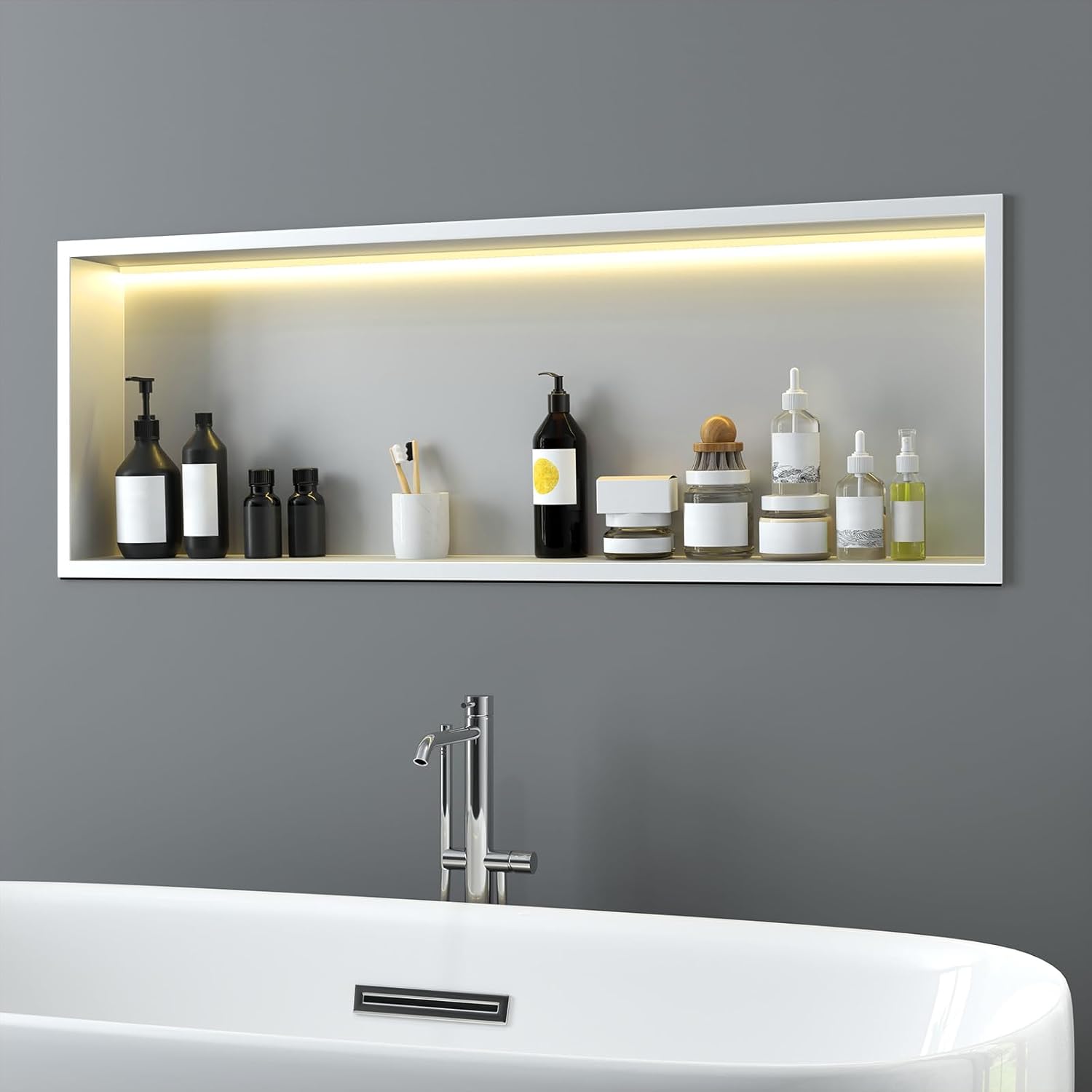 Konelia Shower Niche with Lighting, 36x12x4 Inside Shower Storage Wall Niche Stainless Steel Bathroom Shelf Niche No Tile Needed Shower Caddy Recessed Wall Niche, White